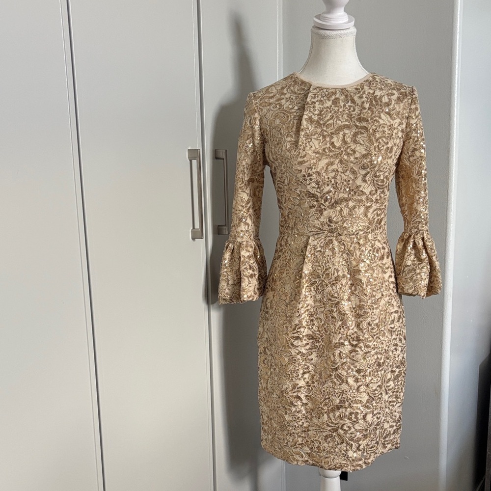 Betsy & Adam Gold Floral Lace Dress